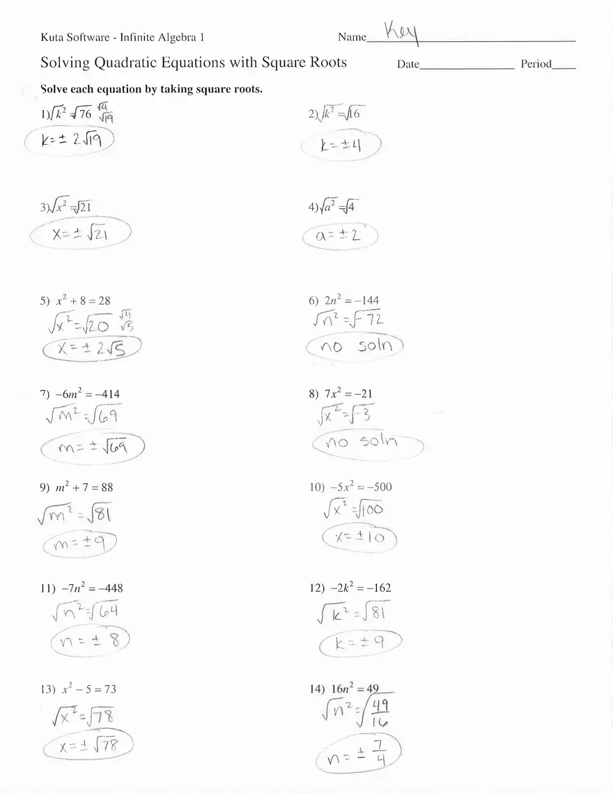 Solving Quadratic Equations with Square Roots - Page 1