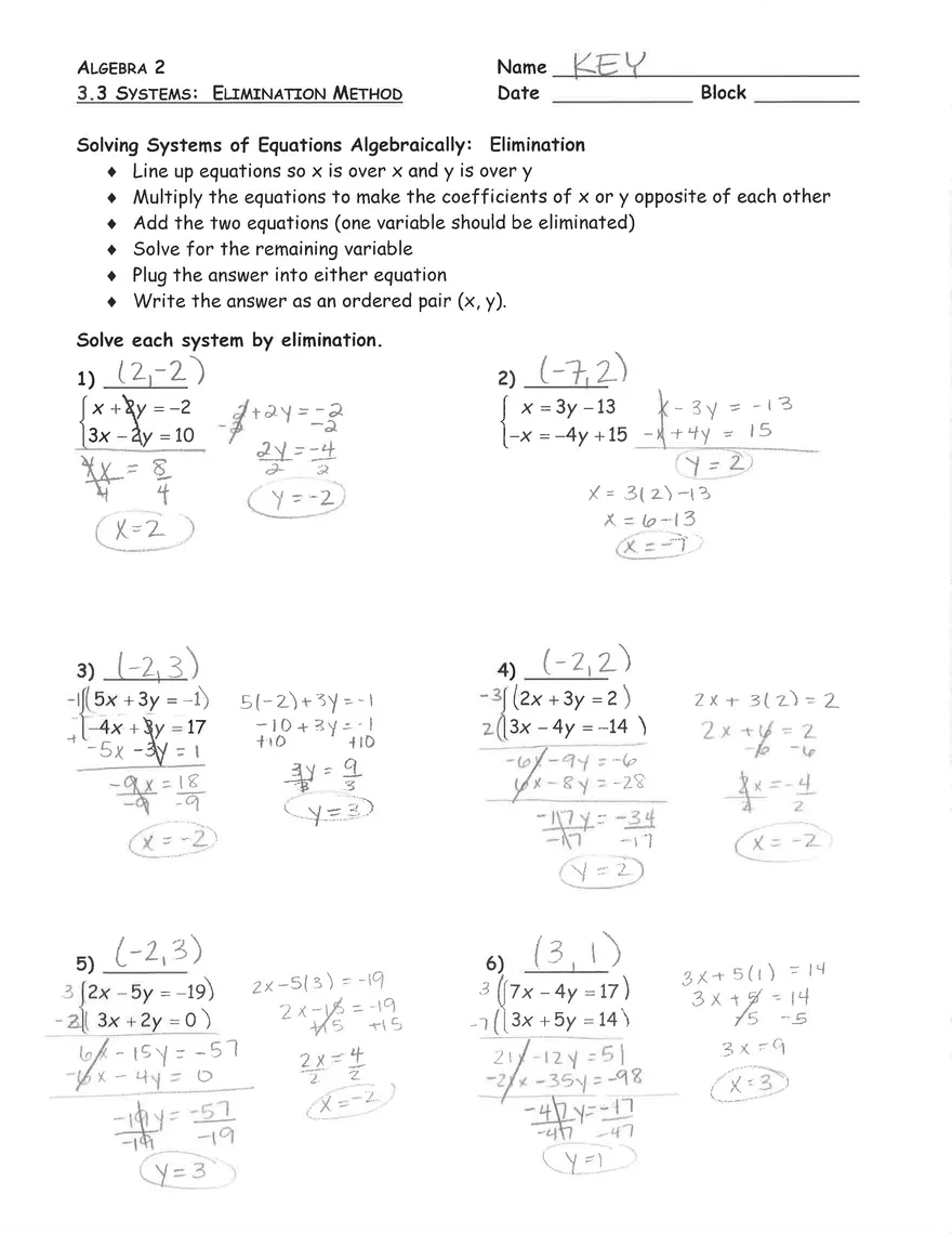 Elimination Method Answer Key - Page 1