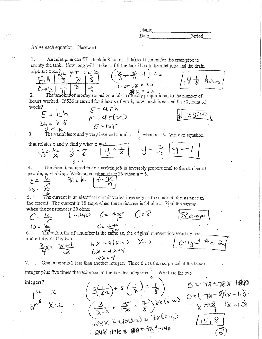 Solve Each Equation Classwork - Page 1