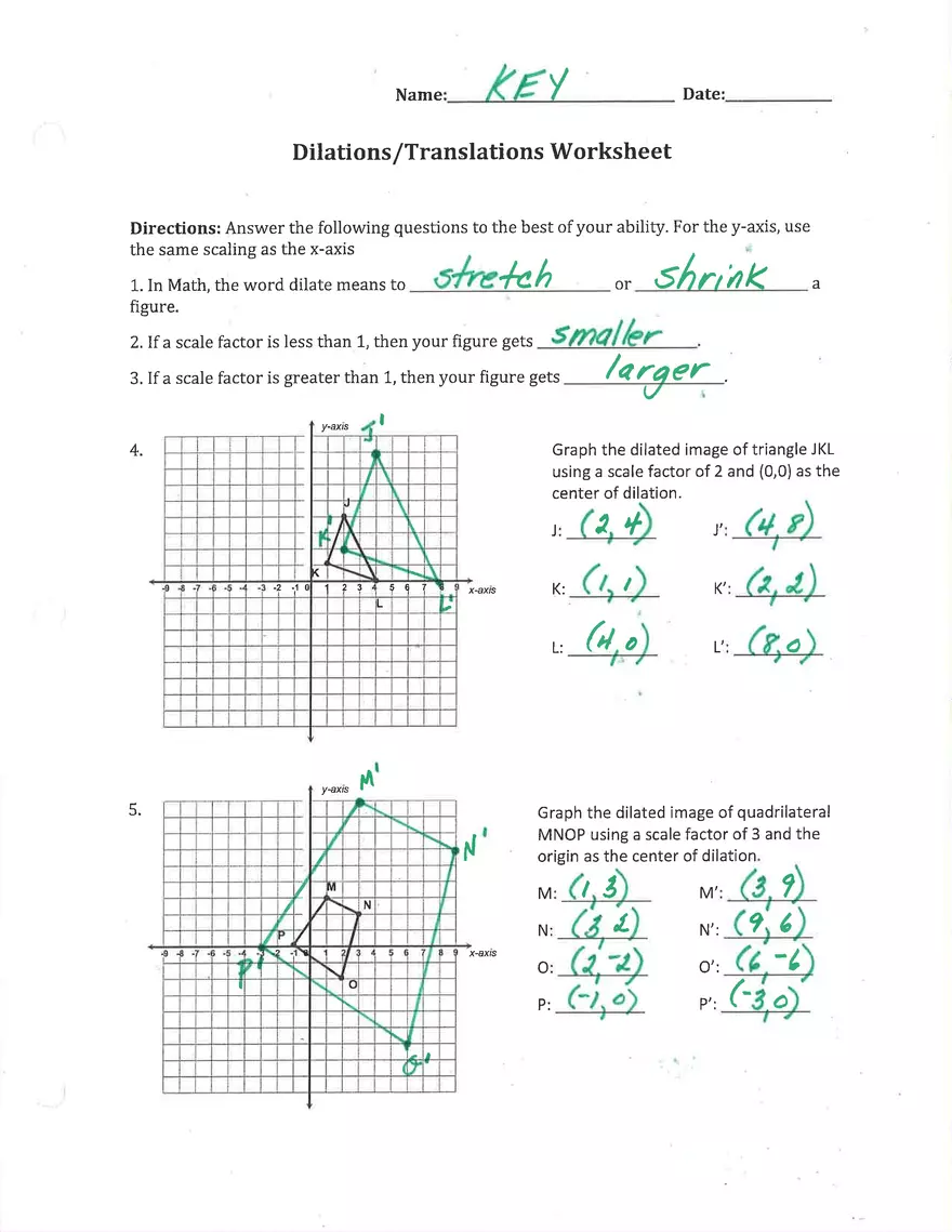 Dilations Translations Worksheet Answer Key - Page 1