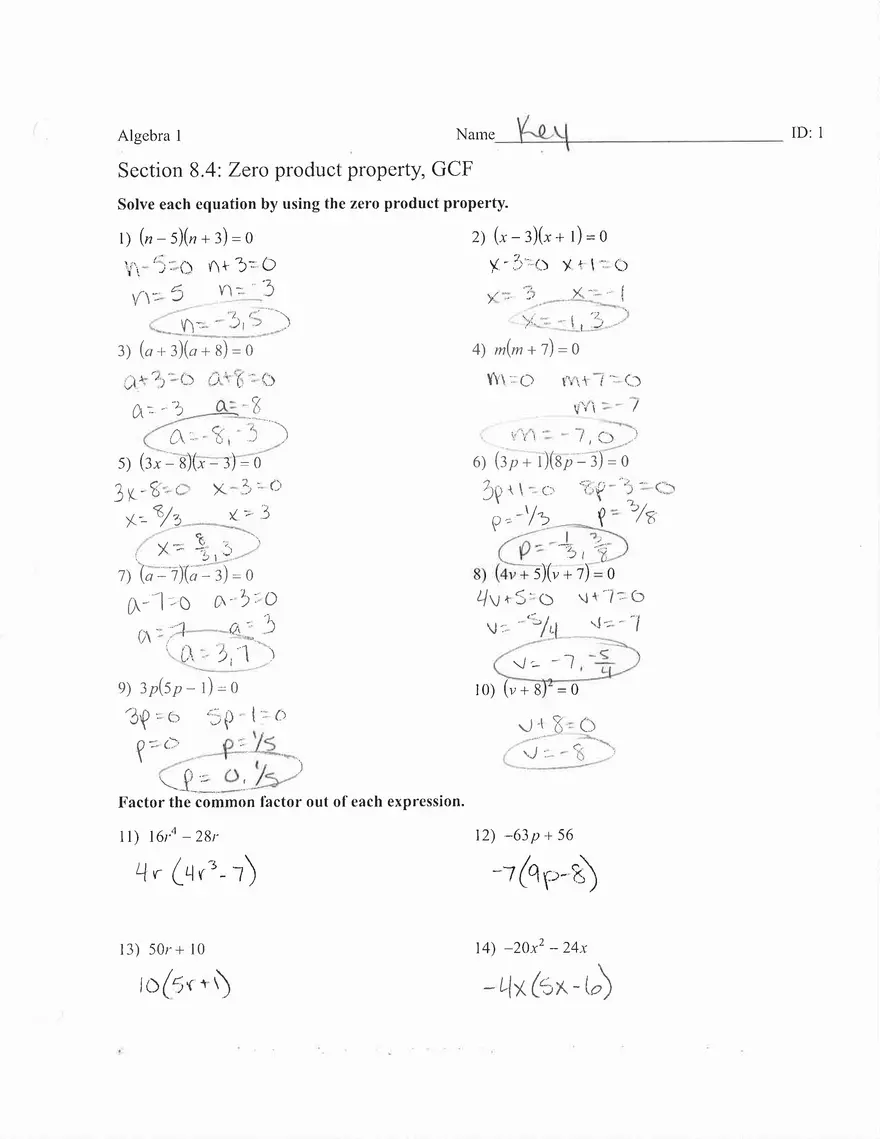 Day 4 Zero Product Property Worksheet Answer Key - Page 1