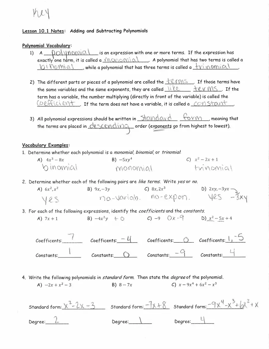 Adding and Subtracting Polynomials Key - Page 1