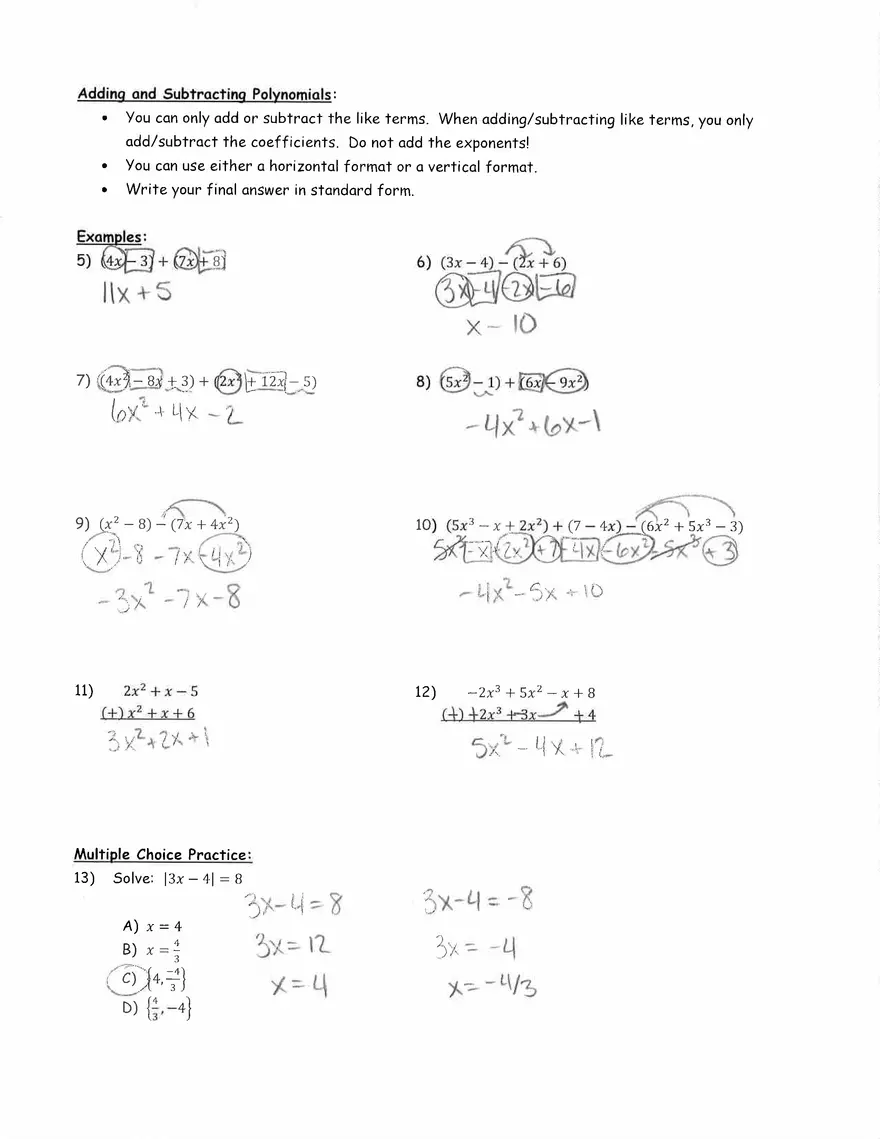 Adding and Subtracting Polynomials Key - Page 2