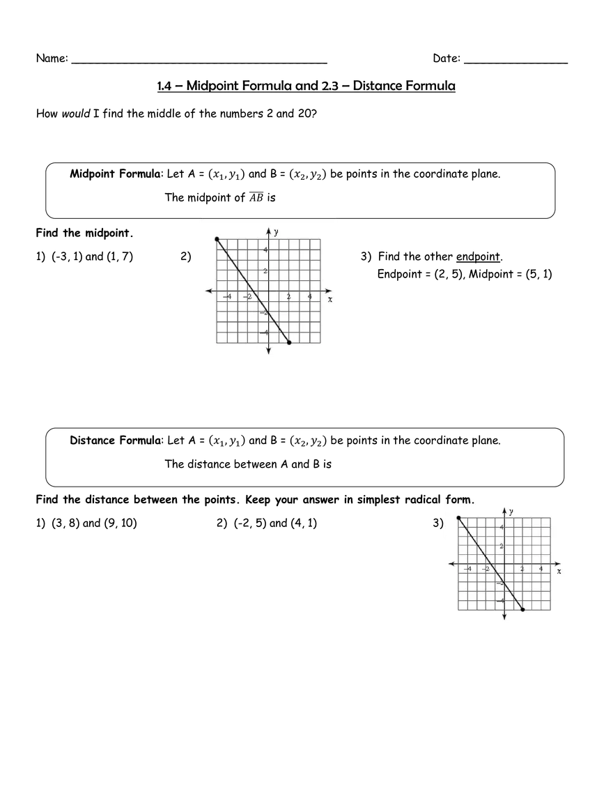 Midpoint Formula and Distance Formula - Page 1