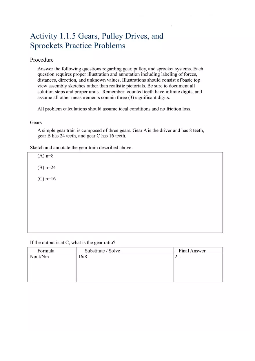 Gears, Pulley Drives, and Sprockets Practice Problems - Page 1