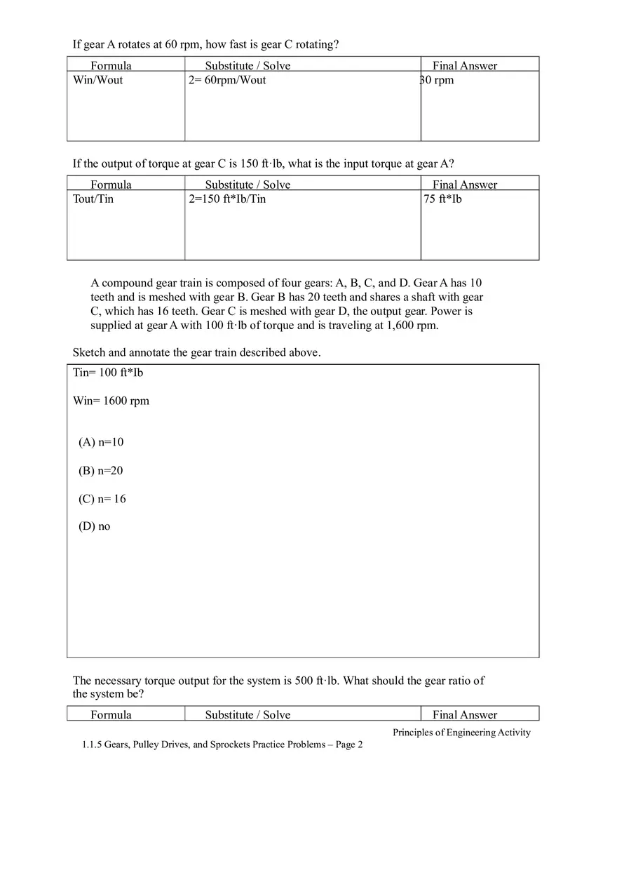 Gears, Pulley Drives, and Sprockets Practice Problems - Page 2