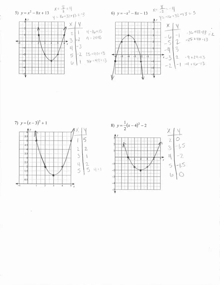 Graphing Quadratic Functions Key - Page 2