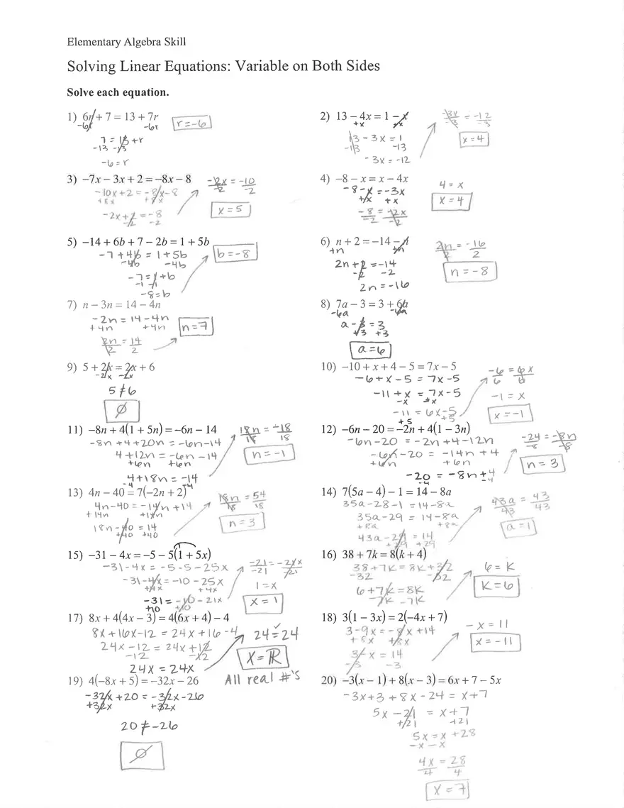 Solving Linear Equations Variable on Both Sides - Page 1