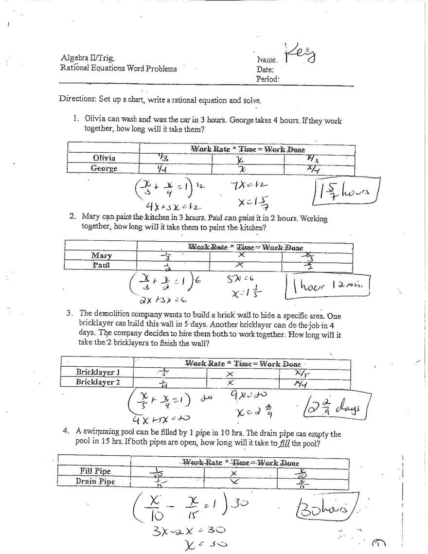 Rational Equations Word Problems - Page 1
