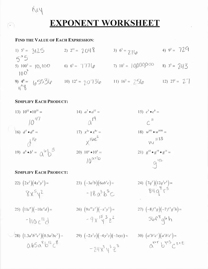 Exponents Worksheets with Answers - Page 1