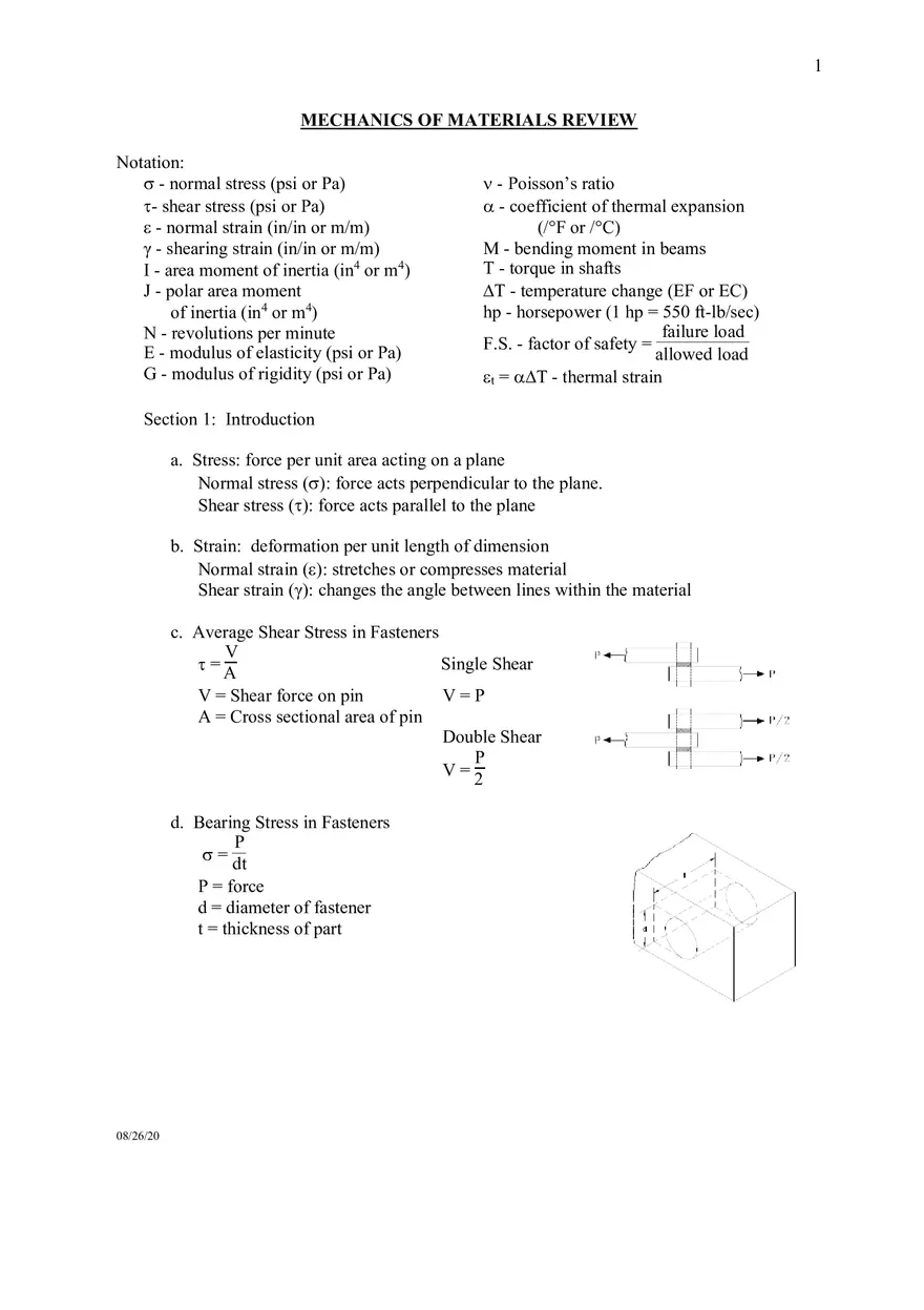 Mechanicsof Materials Formula Sheet - Page 1