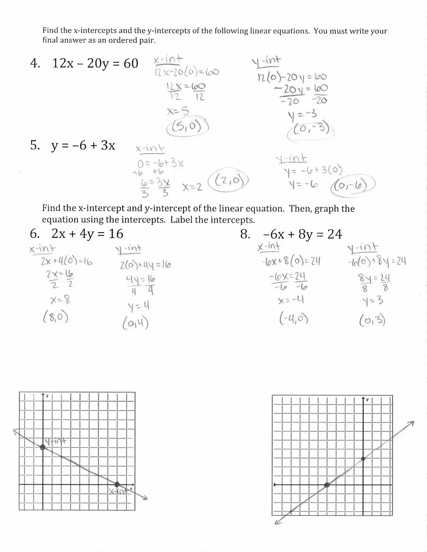 Graphing Using Intercepts Answer Key - Page 2