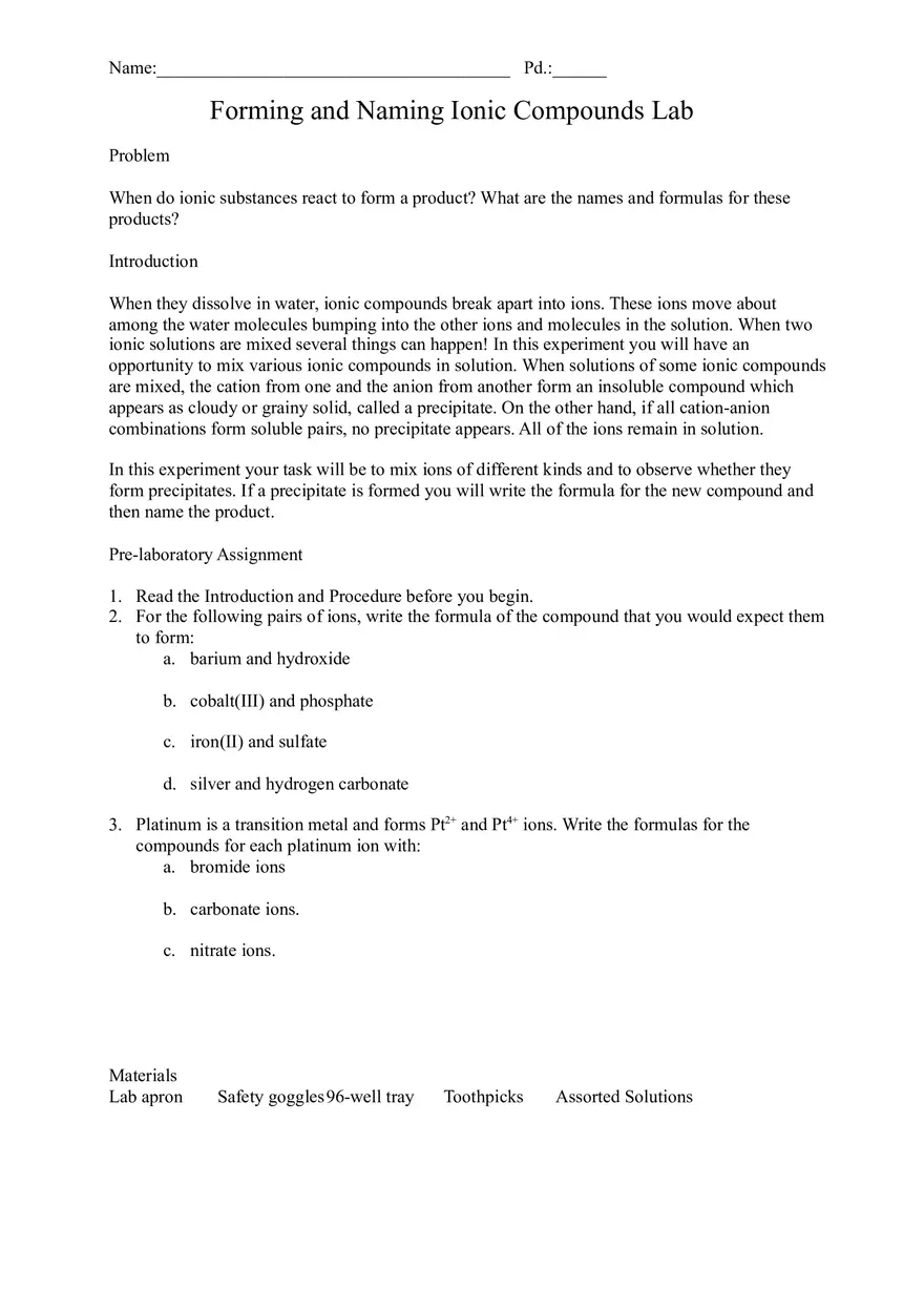 Forming and Naming Ionic Compounds Lab - Page 1
