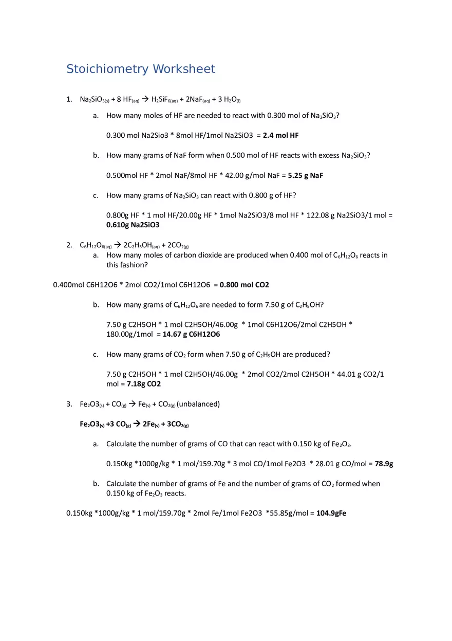 Stoichiometry Worksheet Key - Page 1