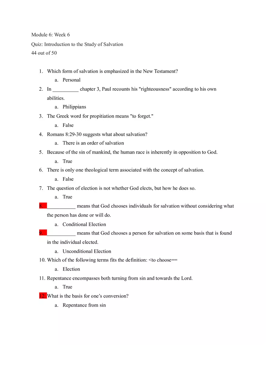 Quiz Introduction to the Study of Salvation - Page 1