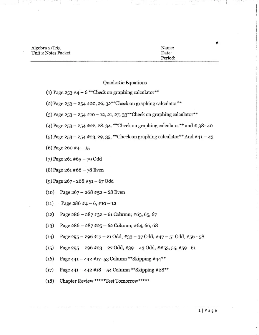 Algebra Unit 2 Packet - Page 1