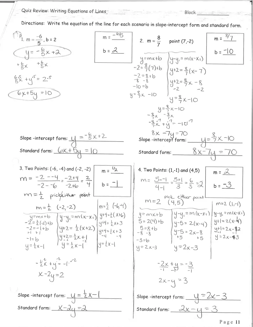 Writing Equations of Lines Answers - Page 1