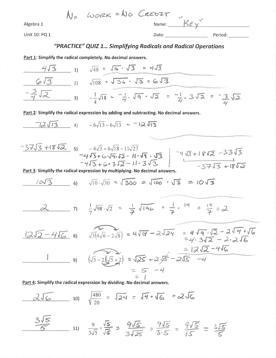 Practice 1 Simplifying Radicals Answers - Page 1
