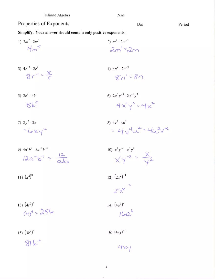 Properties of Exponents Worksheet Answers - Page 1