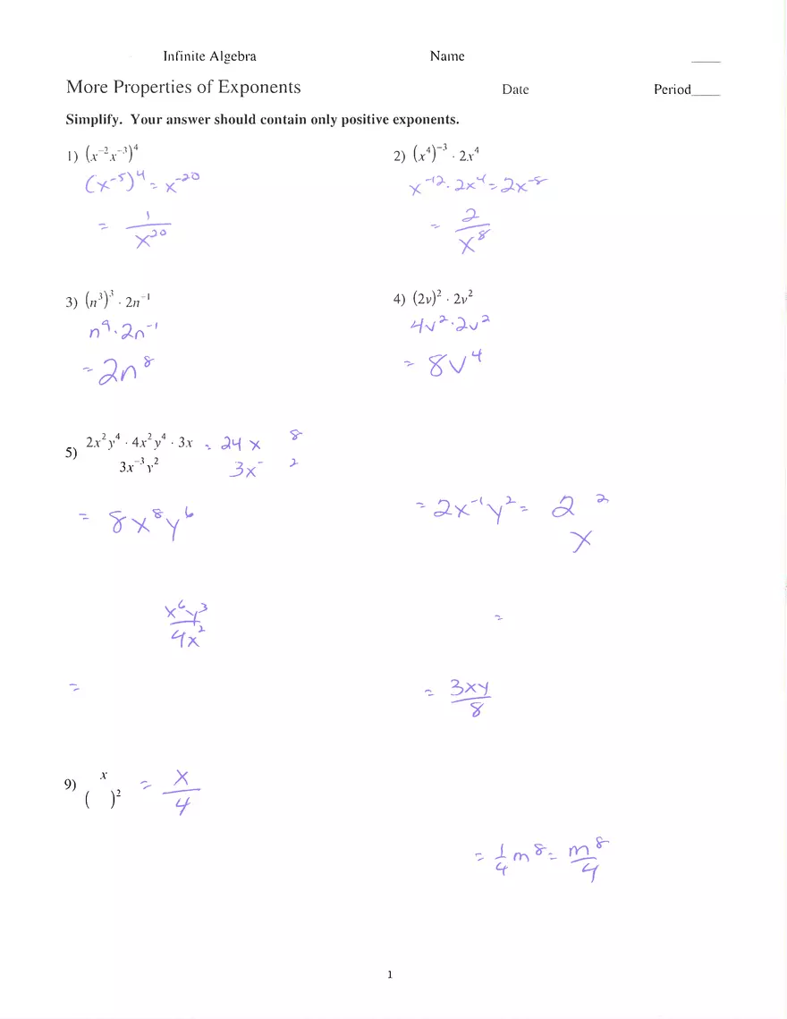 Properties of Exponents Worksheet Answers - Page 3