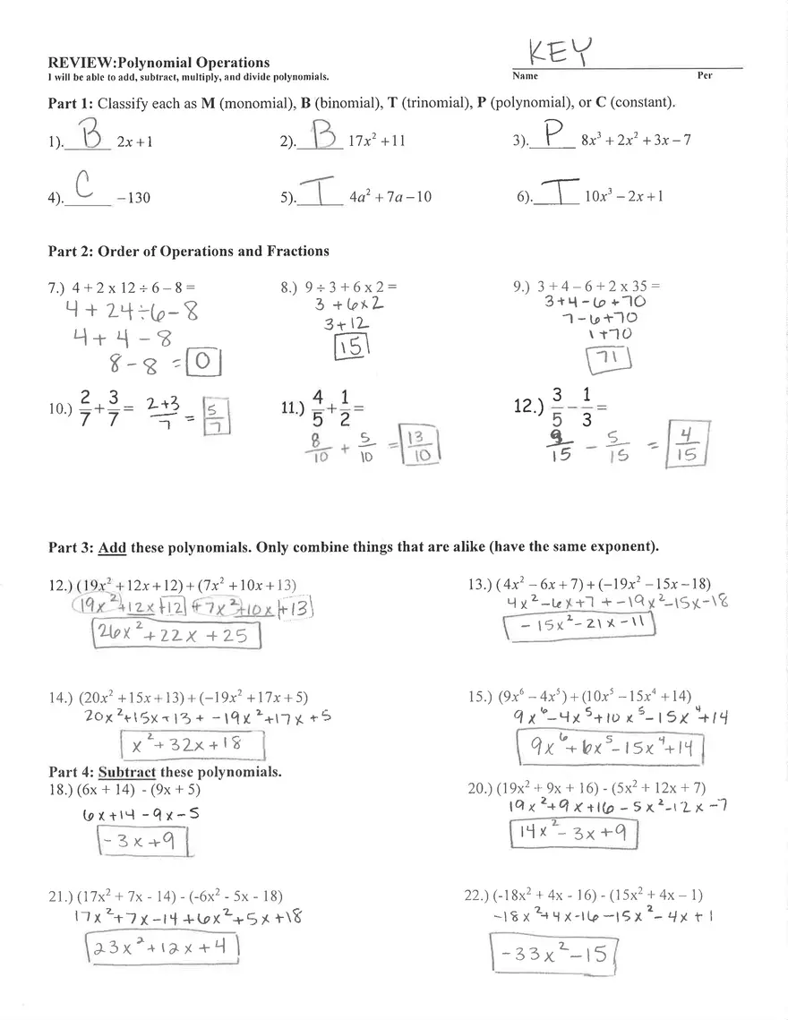 Polynomial Operations Worksheet Answers - Page 1
