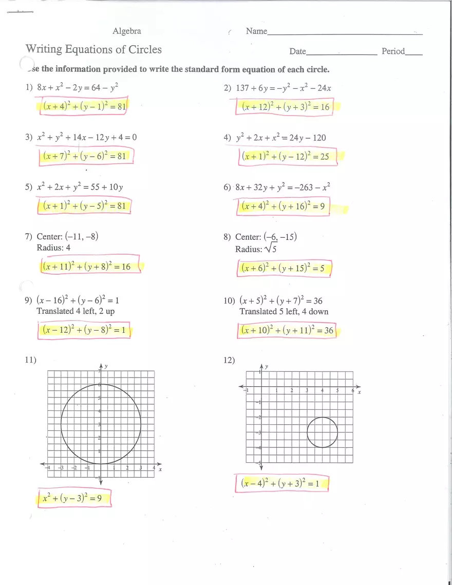 Equations of Circles Worksheet - Page 1