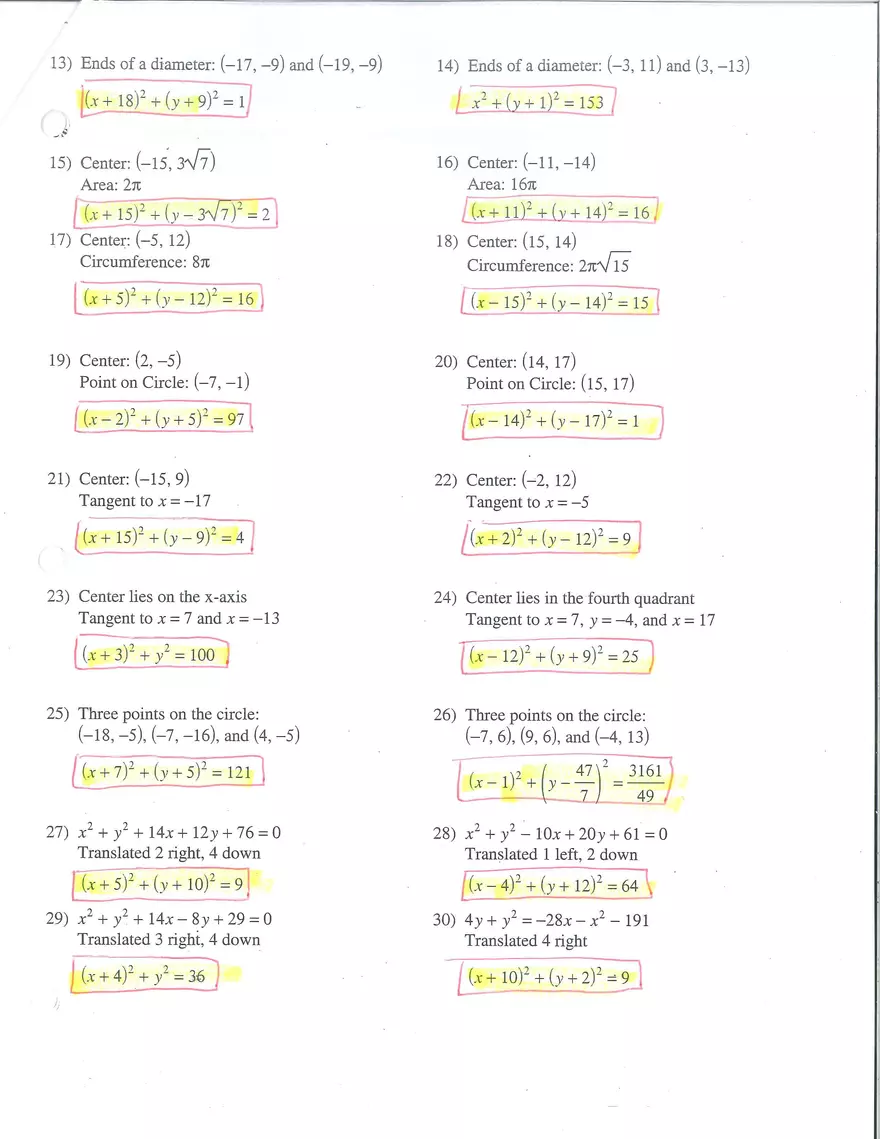 Equations of Circles Worksheet - Page 2