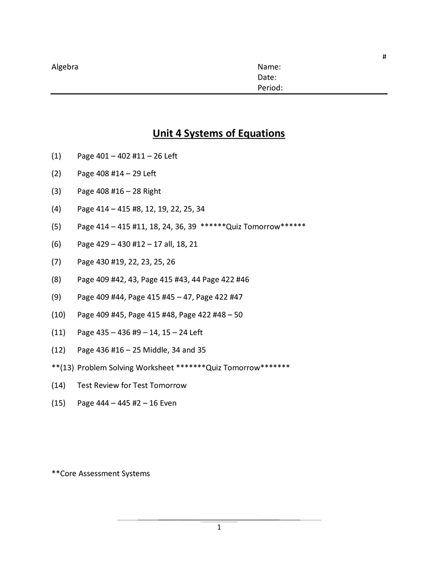 Unit 4 Systems of Equations - Page 1