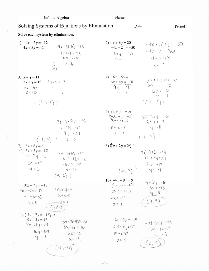 Solving Systems of Equations by Elimination Worksheet Answers - Page 1