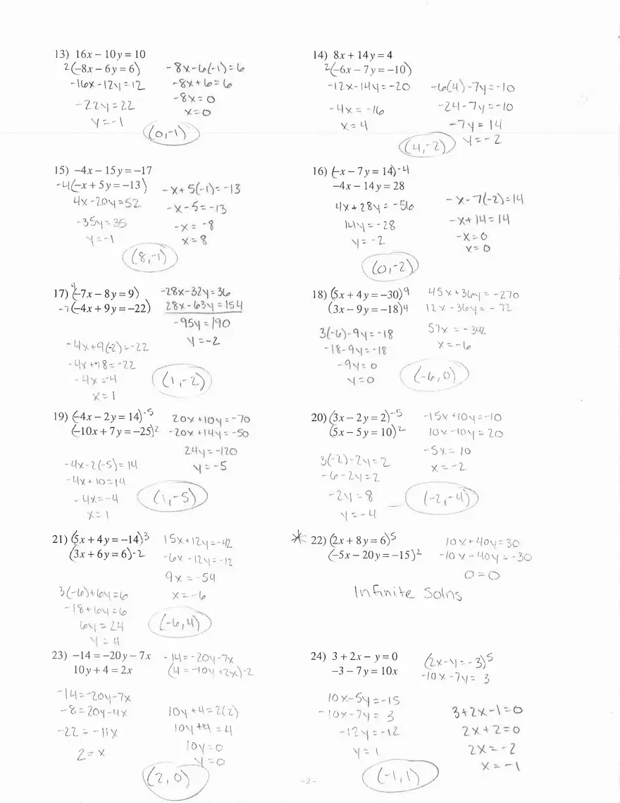 Solving Systems of Equations by Elimination Worksheet Answers - Page 2