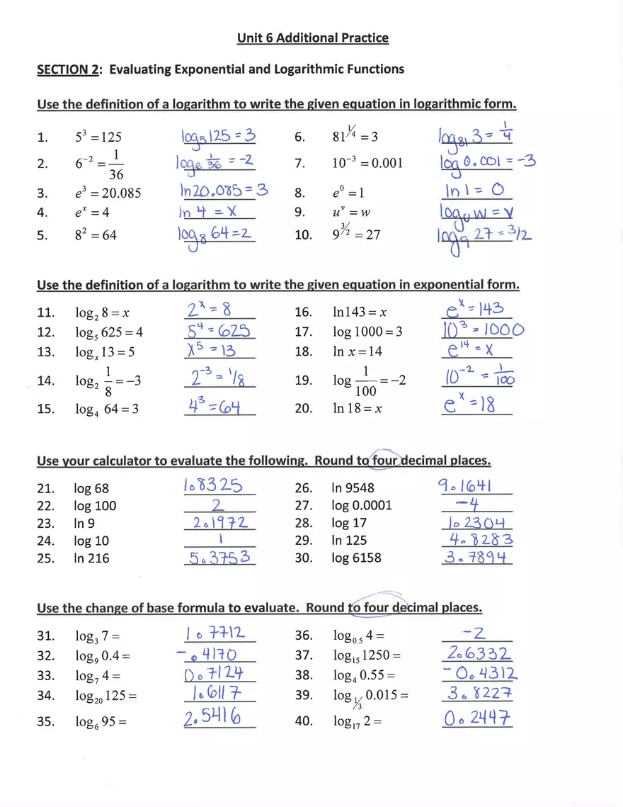 Exponential and Logarithmic Functions Review - Page 8