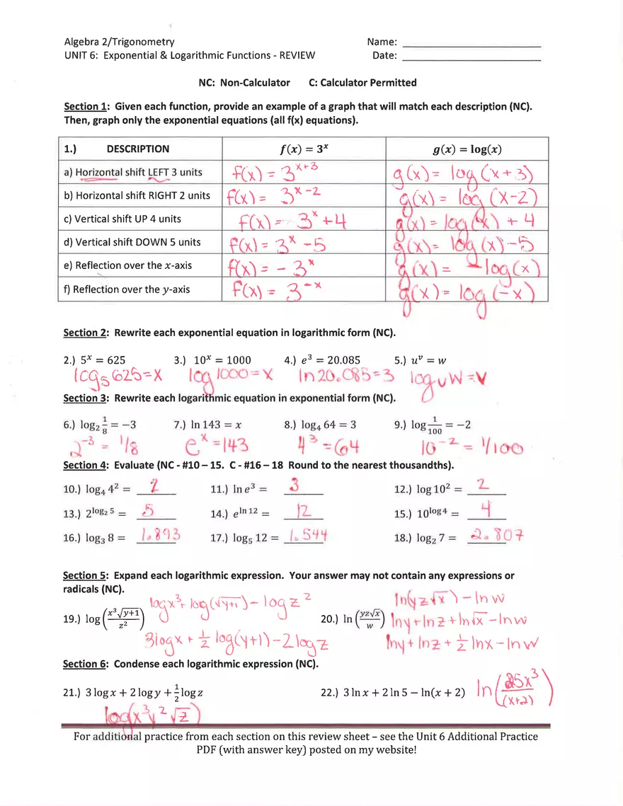 Exponential and Logarithmic Functions Review - Page 1