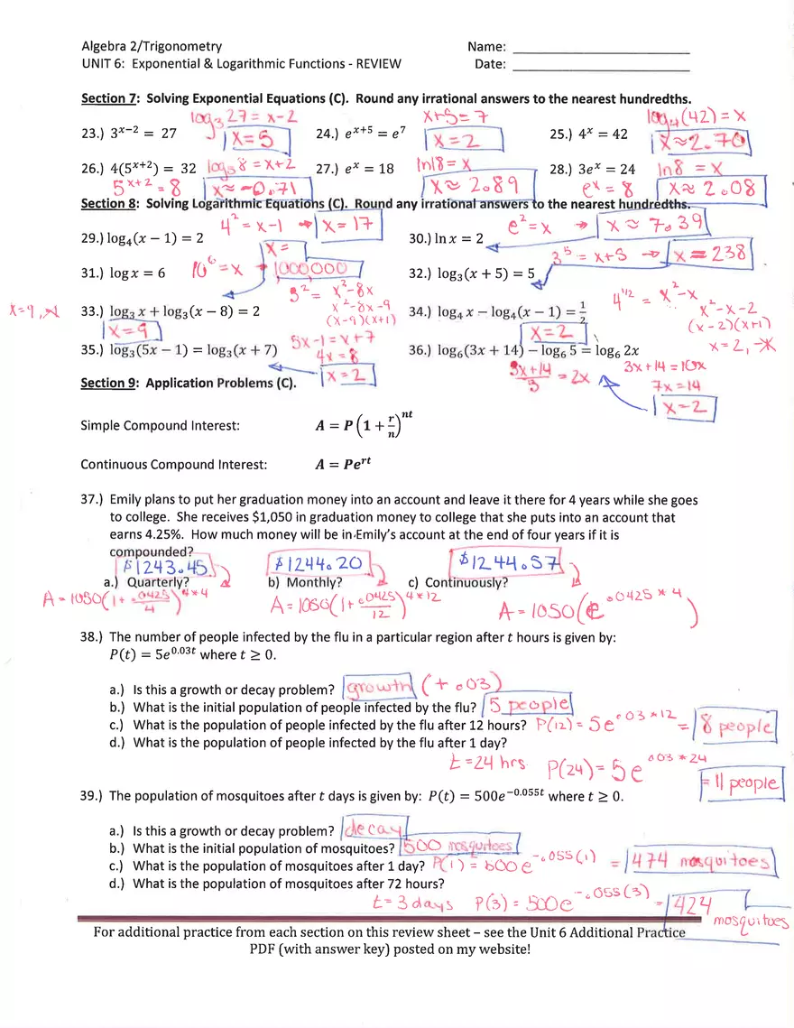 Exponential and Logarithmic Functions Review - Page 2
