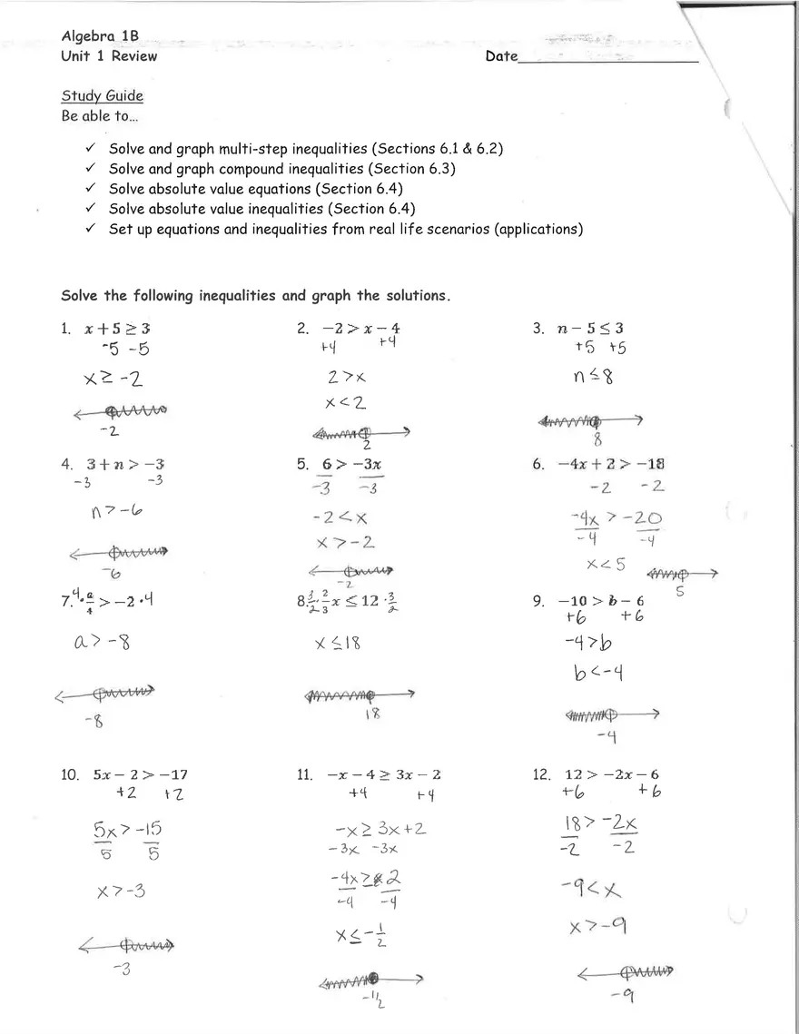 Algebra Unit 1 Review Answers - Page 1