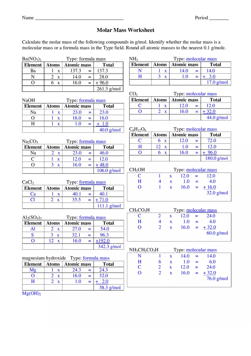 Molar Mass Worksheet Answers - Page 1
