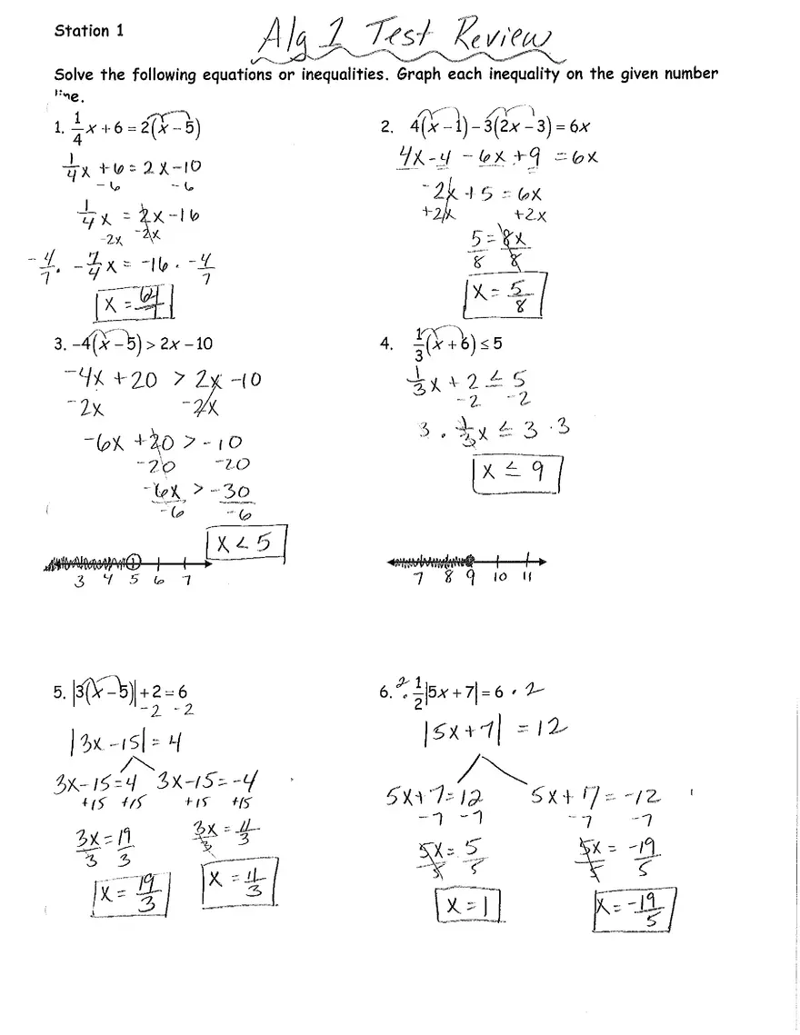 Algebra Test Review Key - Page 1