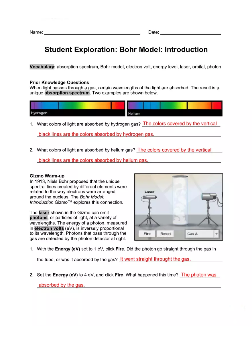 Student Exploration Bohr Model Introduction - Page 1