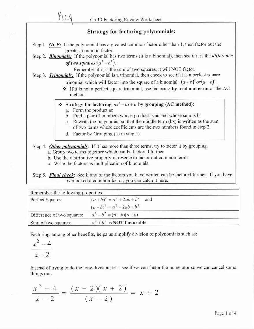 Factoring Review Worksheet Answers - Page 1