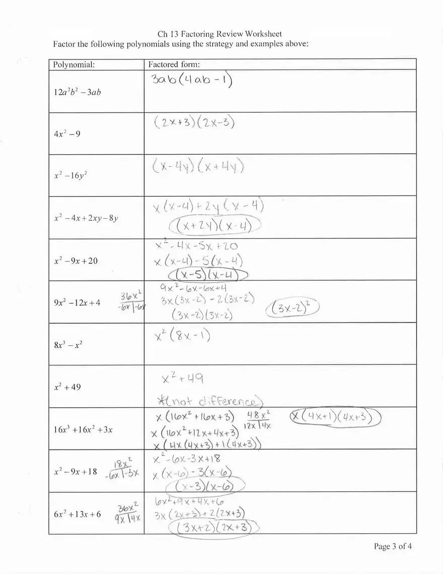 Factoring Review Worksheet Answers - Page 3