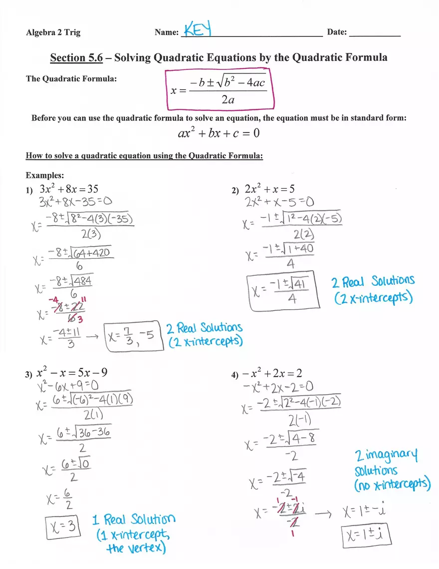 Solving Quadratic Equations by Quadratic Formula - Page 1
