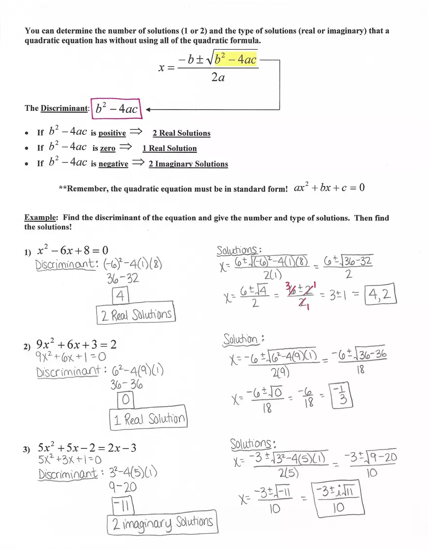 Solving Quadratic Equations by Quadratic Formula - Page 2