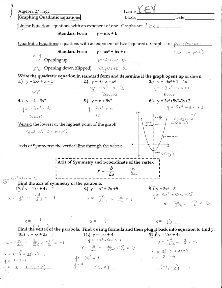 Graphing Quadratic Functions Answer Key - Page 1