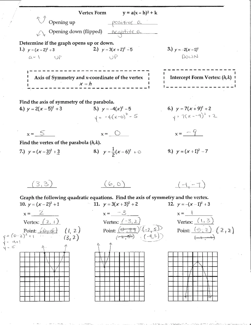 Graphing Quadratic Functions Answer Key - Page 3