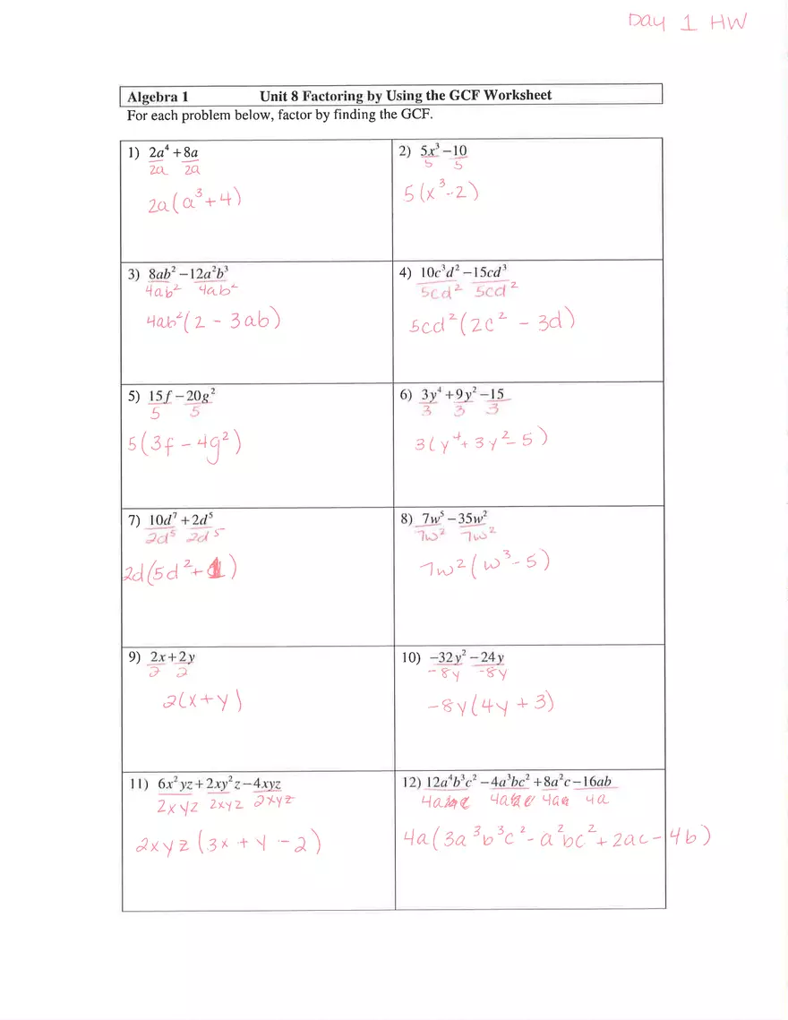 Combining Like Terms GCF and Grouping Homework Answer Key - Page 1
