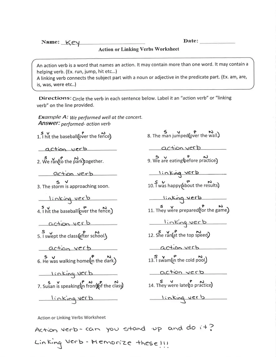 Action and Linking Verbs Worksheet - Page 1