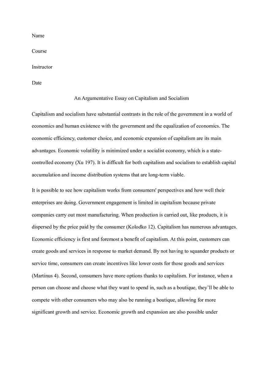 An Argumentative Essay on Capitalism and Socialism - Page 1