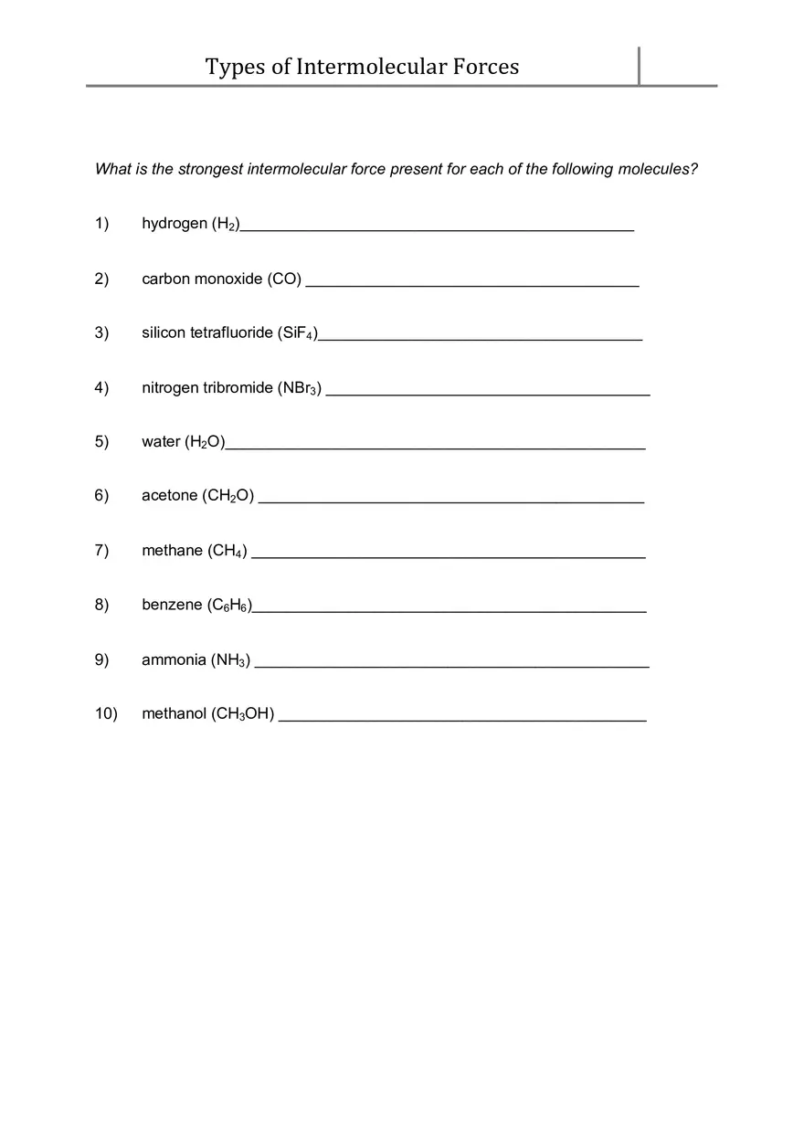 Types of Intermolecular Forces Worksheet - Page 1