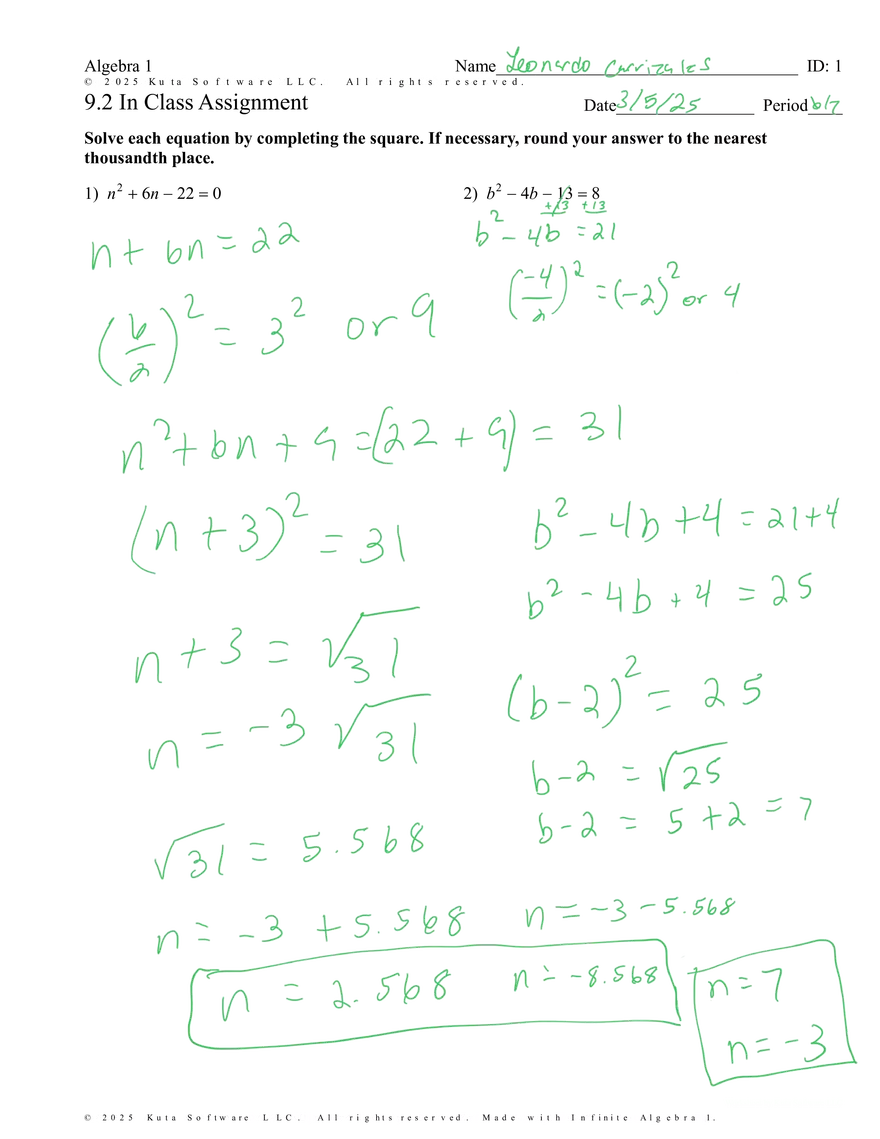 9.2 In Class Assignment - Page 1
