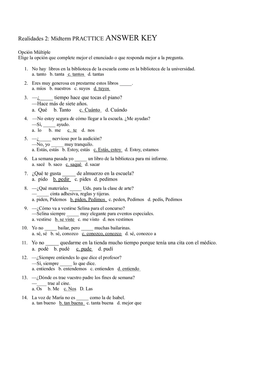 Realidades 2 Midterm Practice Answer Key - Page 1