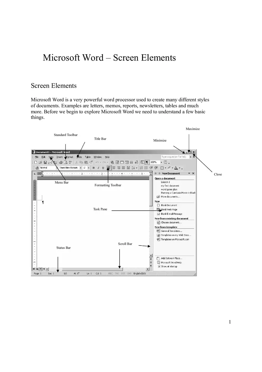 Microsoft Word Screen Elements - Page 1
